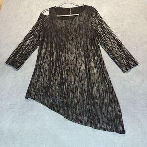 IC by Connie K Top Size Large Black Metallic Tunic Asymmetrical Hem 3/4 Sleeve